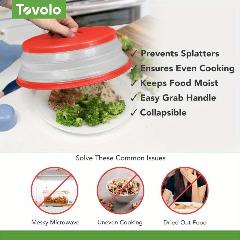 Tovolo Microwave Splatter Cover for Medium Bowls - Foldable Ventilated Silicone Lid with Handle, BPA-Free Candy Apple Red Splatter Protector for Meal Prep, Microwave & Kitchen Use, Microwave Food Cover
