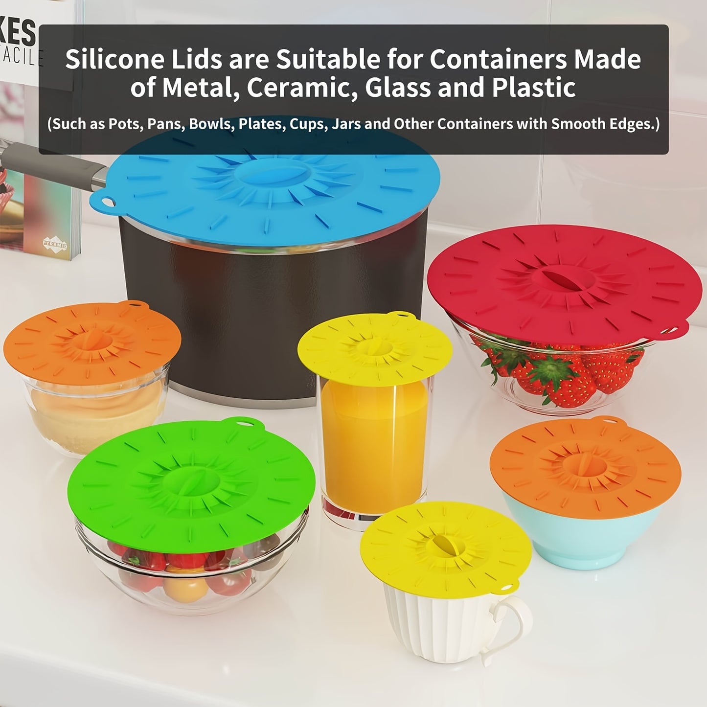 7pcs Silicone Lids, 7pcs Microwave Splatter Cover, 5 Sizes Reusable Heat Resistant Food Suction Lids Fits Cups, Bowls, Plates, Pots, Pans, Skillets, Stove Top, Oven, Fridge BPA Free, Mothers Day Gifts