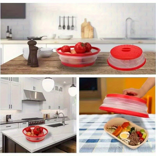 Tovolo Microwave Splatter Cover for Medium Bowls - Foldable Ventilated Silicone Lid with Handle, BPA-Free Candy Apple Red Splatter Protector for Meal Prep, Microwave & Kitchen Use, Microwave Food Cover