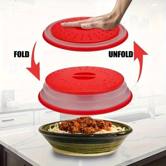 Tovolo Microwave Splatter Cover for Medium Bowls - Foldable Ventilated Silicone Lid with Handle, BPA-Free Candy Apple Red Splatter Protector for Meal Prep, Microwave & Kitchen Use, Microwave Food Cover