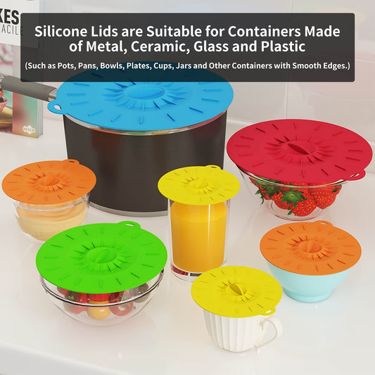 7pcs Silicone Lids, 7pcs Microwave Splatter Cover, 5 Sizes Reusable Heat Resistant Food Suction Lids Fits Cups, Bowls, Plates, Pots, Pans, Skillets, Stove Top, Oven, Fridge BPA Free, Mothers Day Gifts