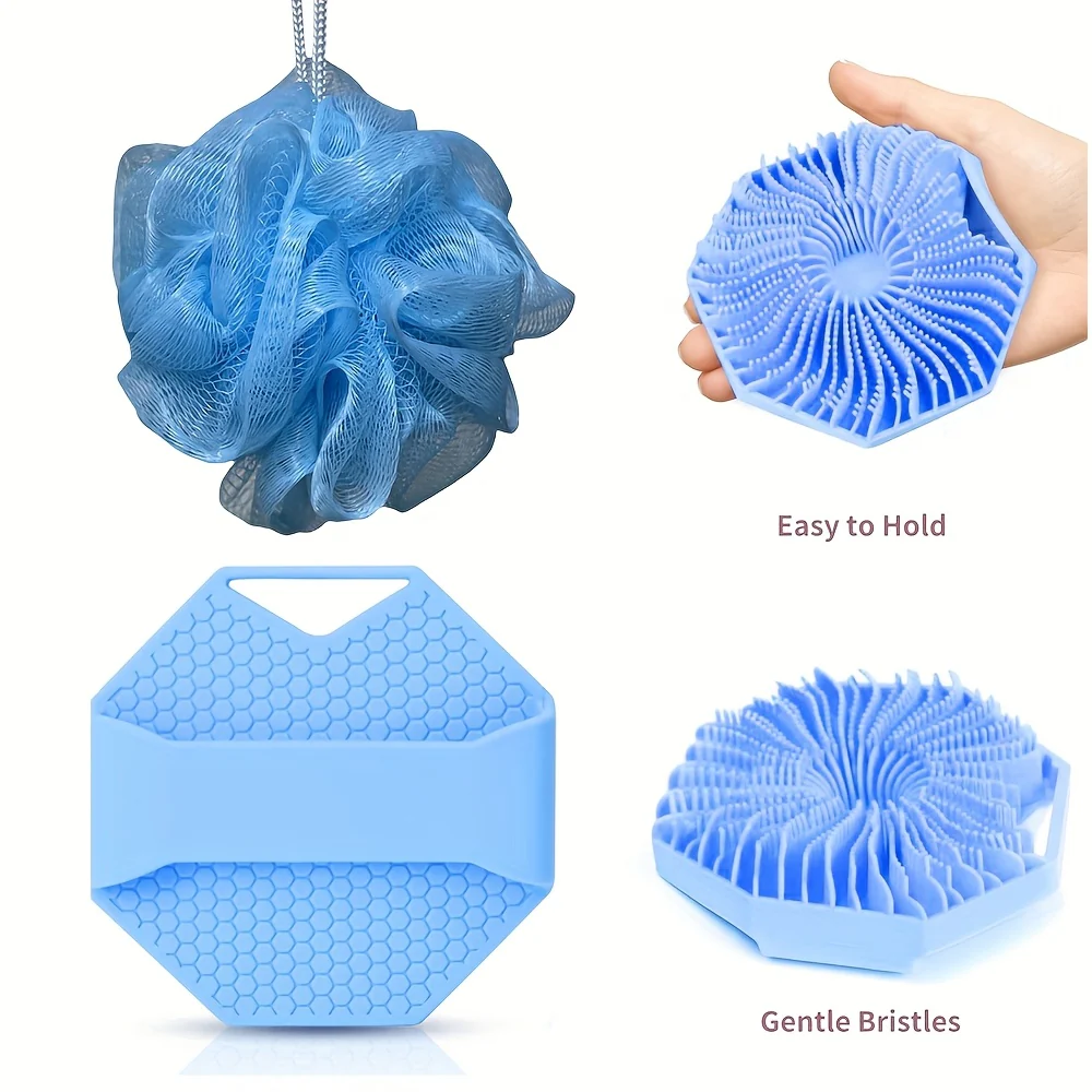 (4 Pieces)  Combination Package - Antibacterial Silicone Body Scrub And Bathroom Mesh Bag Foam Ball Set, Exfoliating Body Scrub, Suitable for Sensitive Light Beige, Bath Scrub, Suitable for Body Silicone Bath Brush